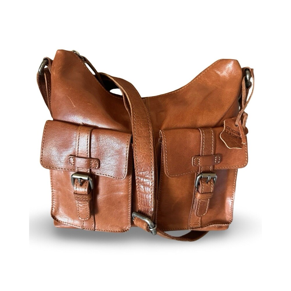 Spikes & Sparrow Leather  Xbody/ Shoulder Messenger Bag Front Cargo Pkts Brown